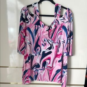 NWT JM Collection Pink and Blue Graphic Cut Out Blouse